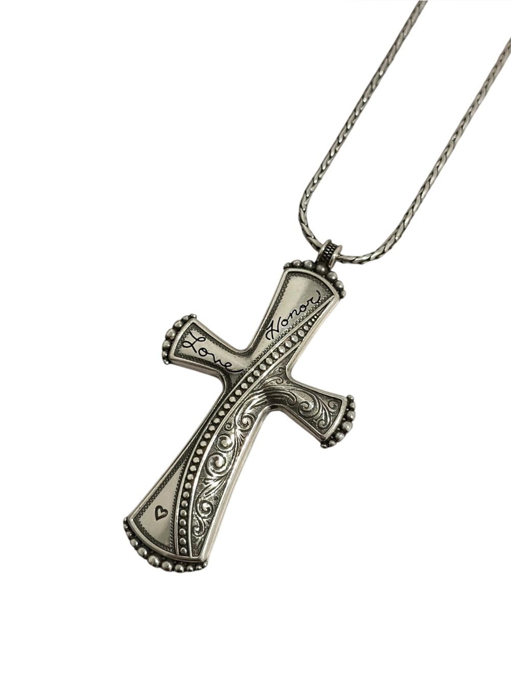Retired Brighton Essex Cross Necklace Silver Tone Chasing Filigree Love Honor - Picture 3 of 8